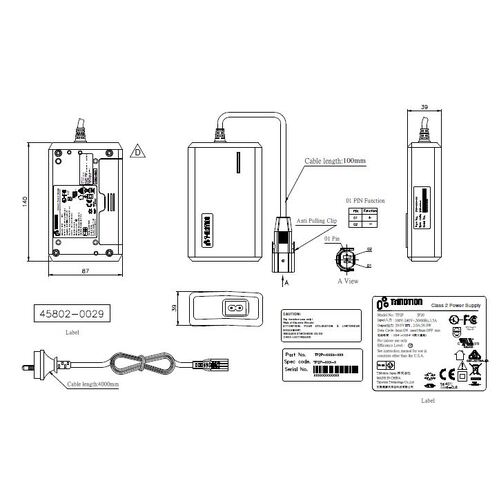 Timotion 4 Meter BATTERY PACK W/ 2 Pins Cable