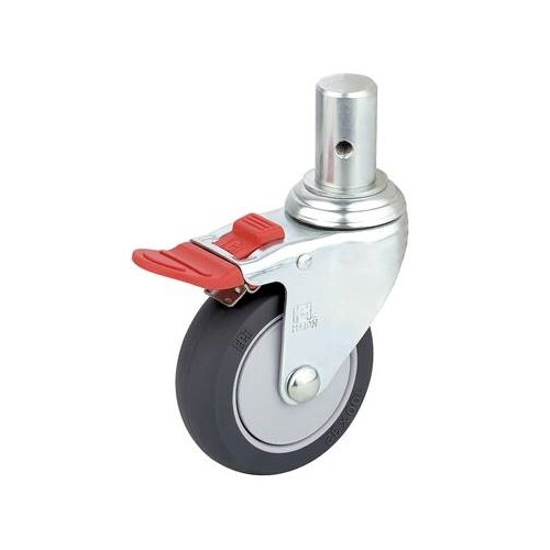 125mm Total Brake Castor (Red Tab) Solid Pintle 28mm Diameter x 45mm Length - M8 Hole At 19mm