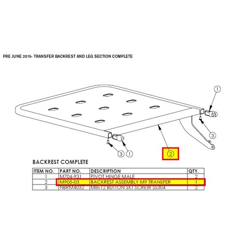 Howard Wright M9 Transfer 3ED BACKREST ASSEMBLY - Old Version Pre June 2015